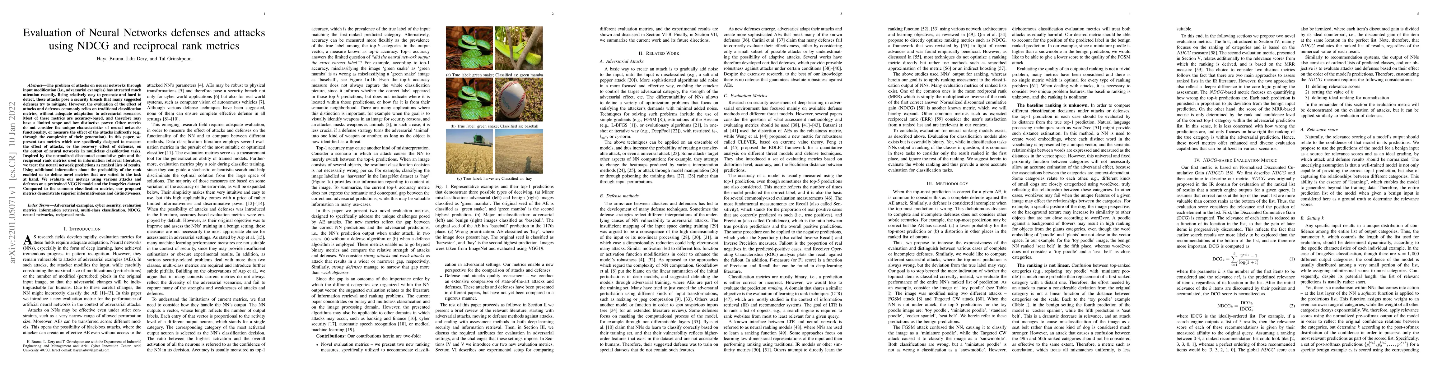 Thumbnail for Evaluation of Neural Networks Defenses and Attacks using NDCG and
  Reciprocal Rank Metrics