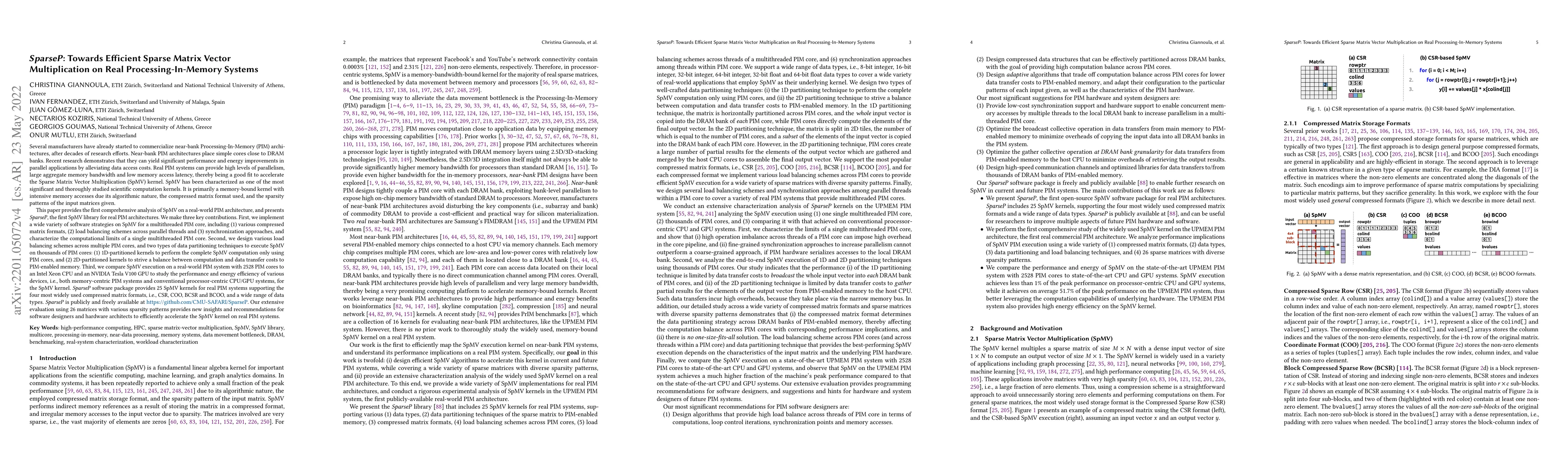 Thumbnail for SparseP: Towards Efficient Sparse Matrix Vector Multiplication on Real
  Processing-In-Memory Systems
