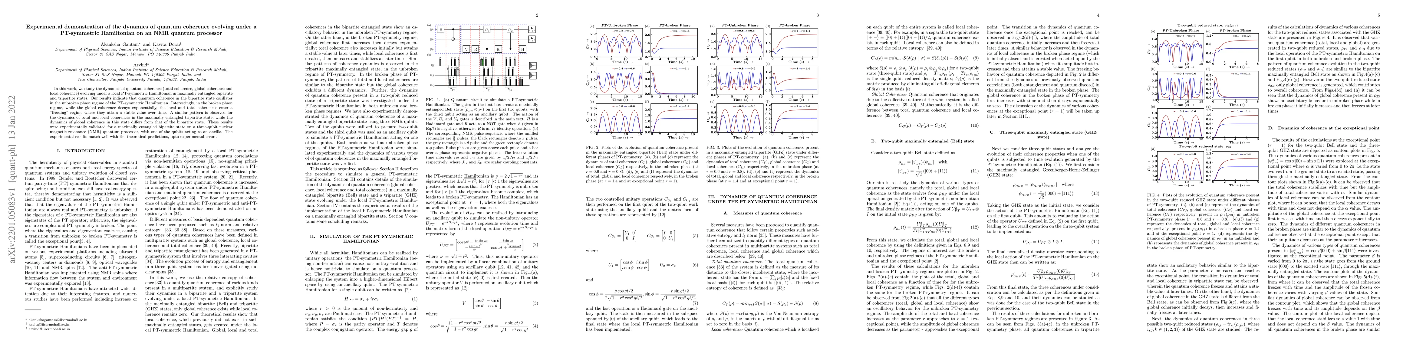 Thumbnail for Experimental demonstration of the dynamics of quantum coherence evolving
  under a PT-symmetric Hamiltonian on an NMR quantum processor