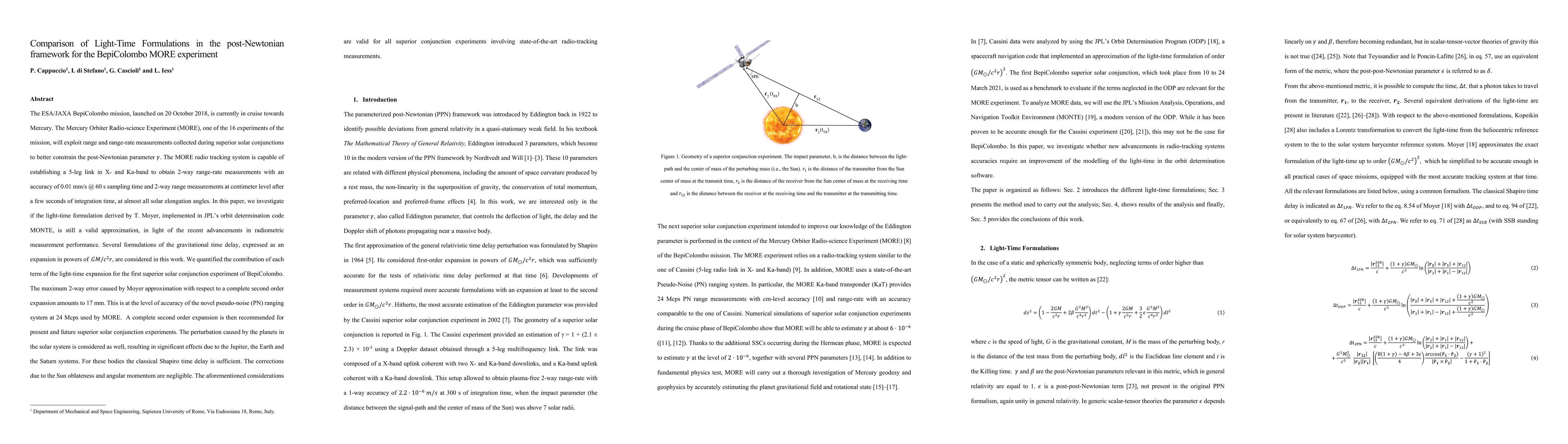 Thumbnail for Comparison of light-time formulations in the post-Newtonian framework
  for the BepiColombo MORE experiment