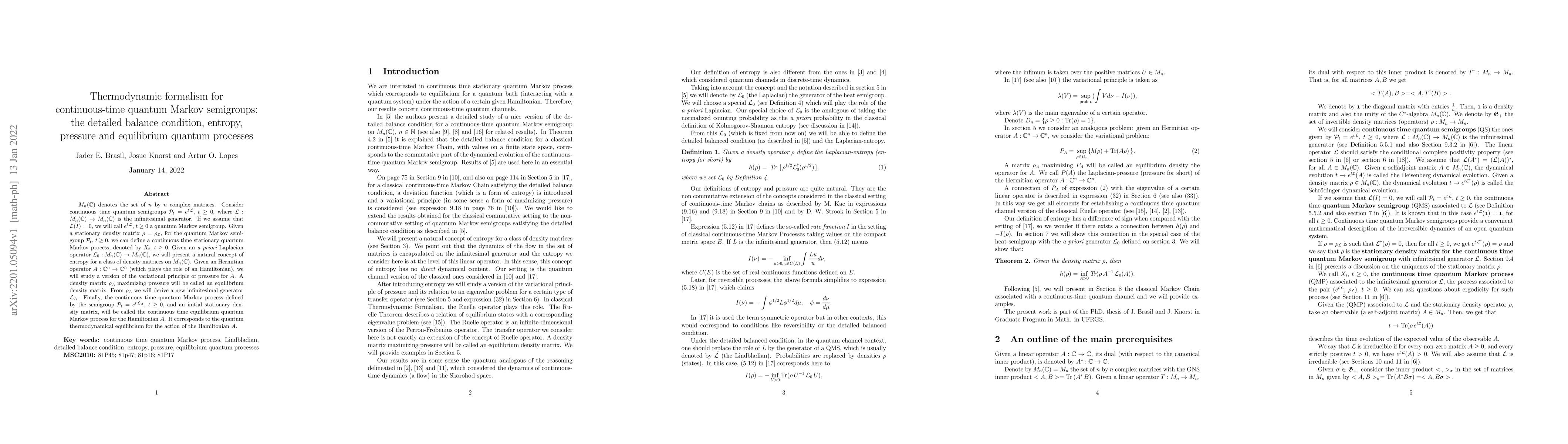 Thumbnail for Thermodynamic formalism for continuous-time quantum Markov semigroups:
  the detailed balance condition, entropy, pressure and equilibrium quantum
  processes