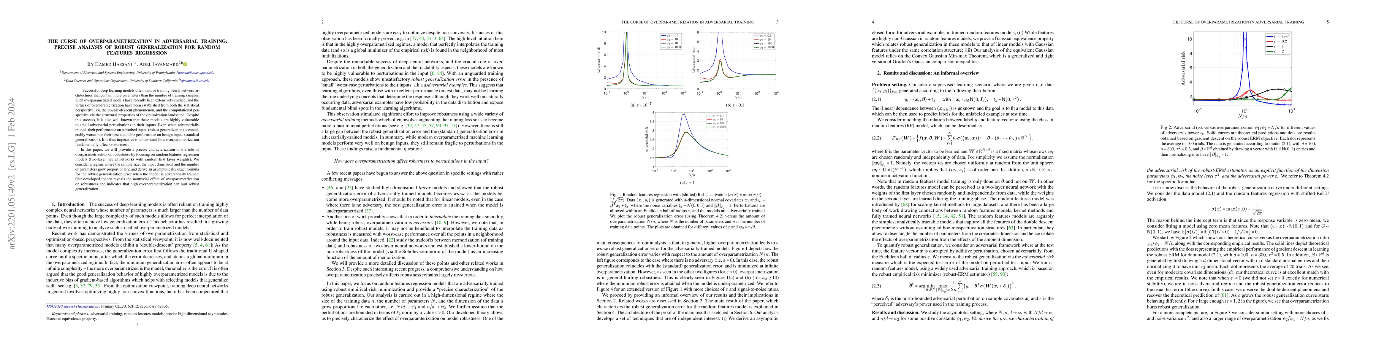 Thumbnail for The curse of overparametrization in adversarial training: Precise
  analysis of robust generalization for random features regression