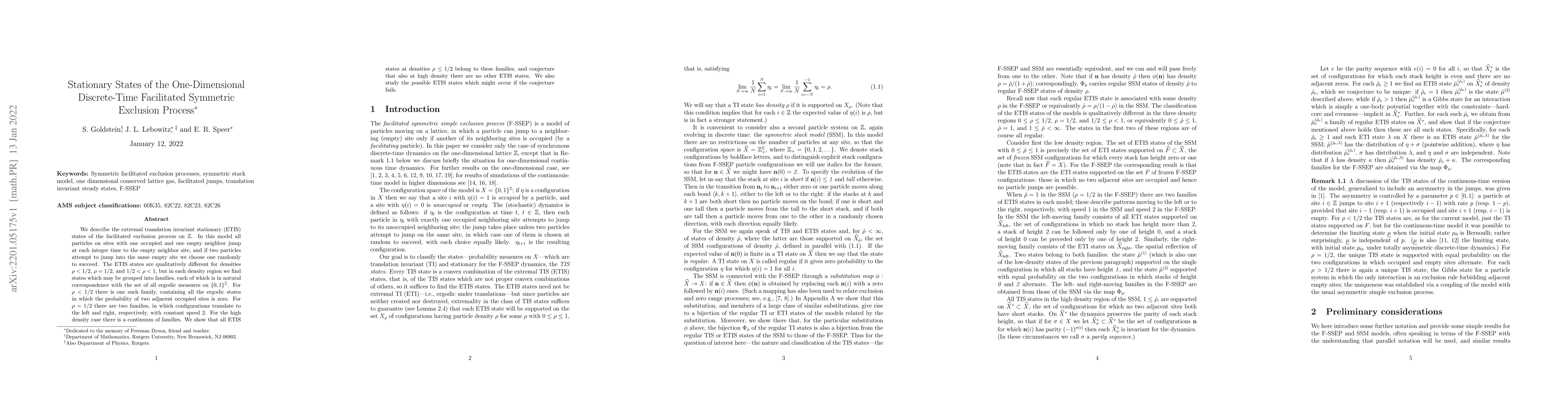 Thumbnail for Stationary States of the One-Dimensional Discrete-Time Facilitated
  Symmetric Exclusion Process