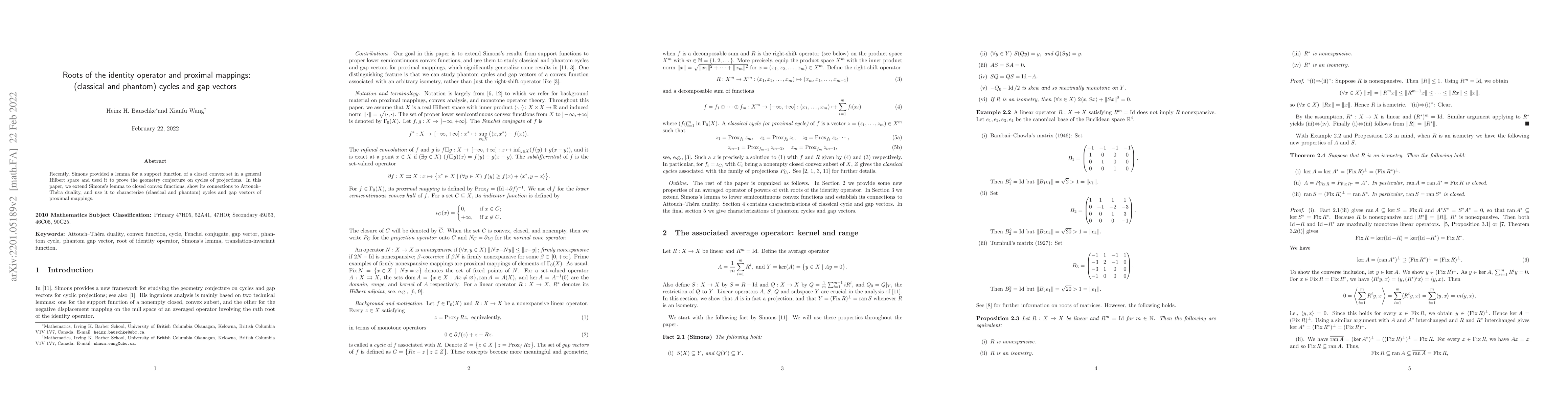 Thumbnail for Roots of the identity operator and proximal mappings: (classical and
  phantom) cycles and gap vectors