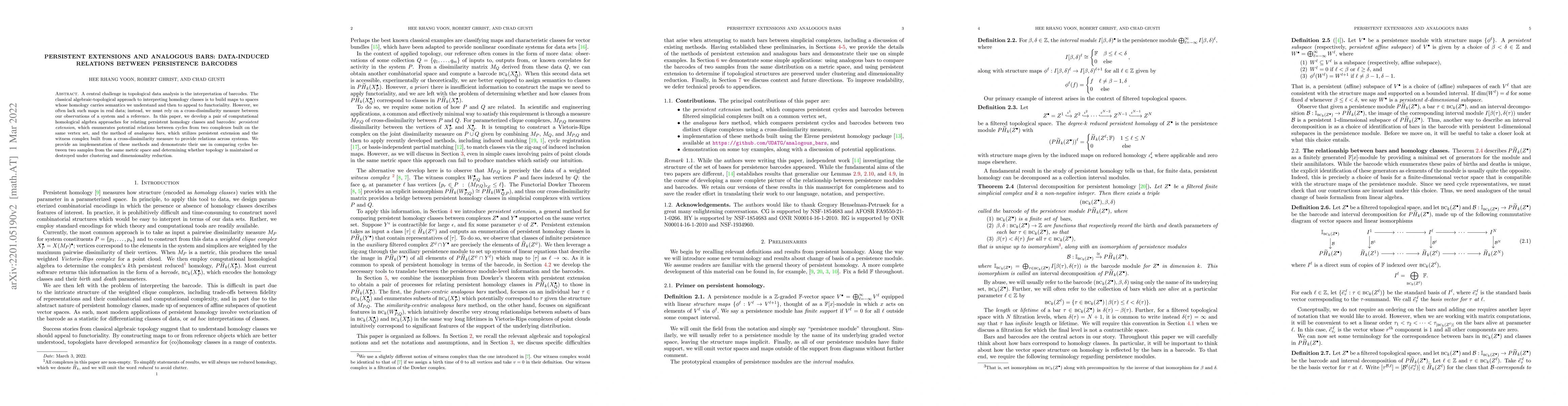 Thumbnail for Persistent Extension and Analogous Bars: Data-Induced Relations Between
  Persistence Barcodes