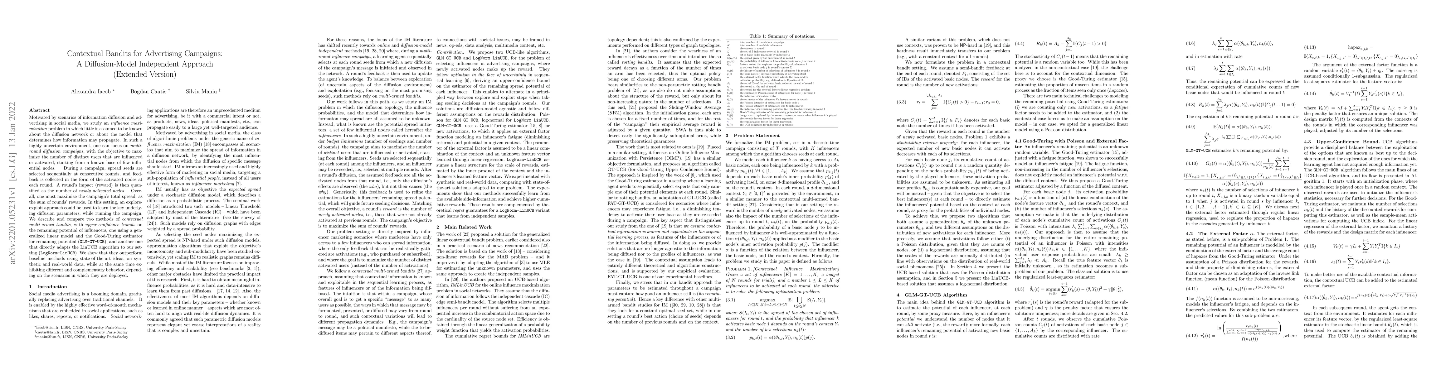 Thumbnail for Contextual Bandits for Advertising Campaigns: A Diffusion-Model
  Independent Approach (Extended Version)