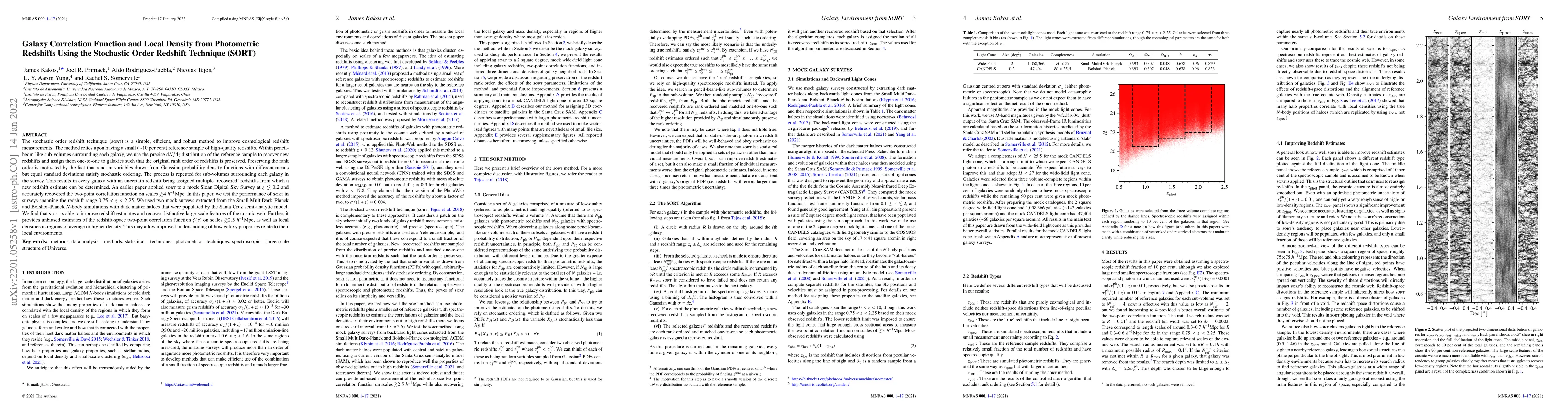Thumbnail for Galaxy Correlation Function and Local Density from Photometric Redshifts
  Using the Stochastic Order Redshift Technique (SORT)