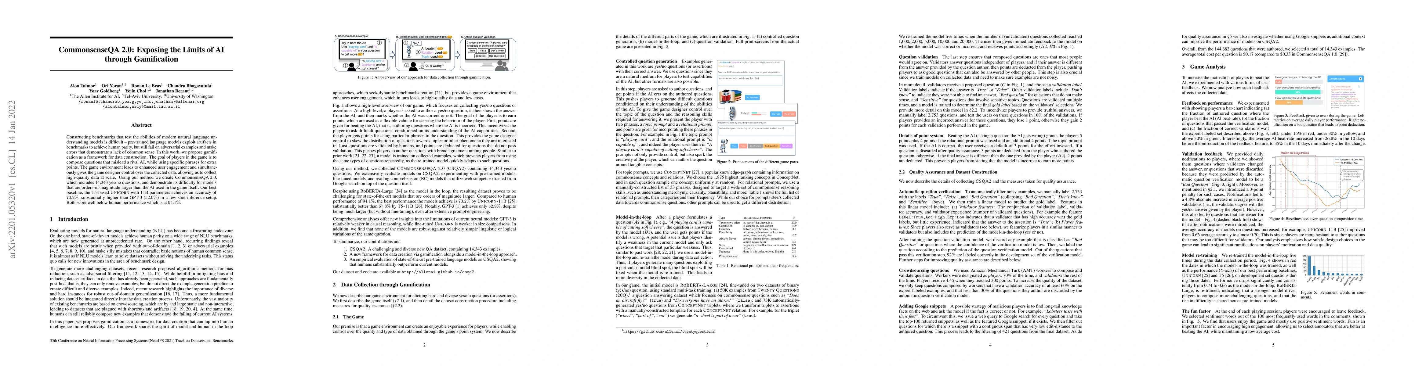 Thumbnail for CommonsenseQA 2.0: Exposing the Limits of AI through Gamification