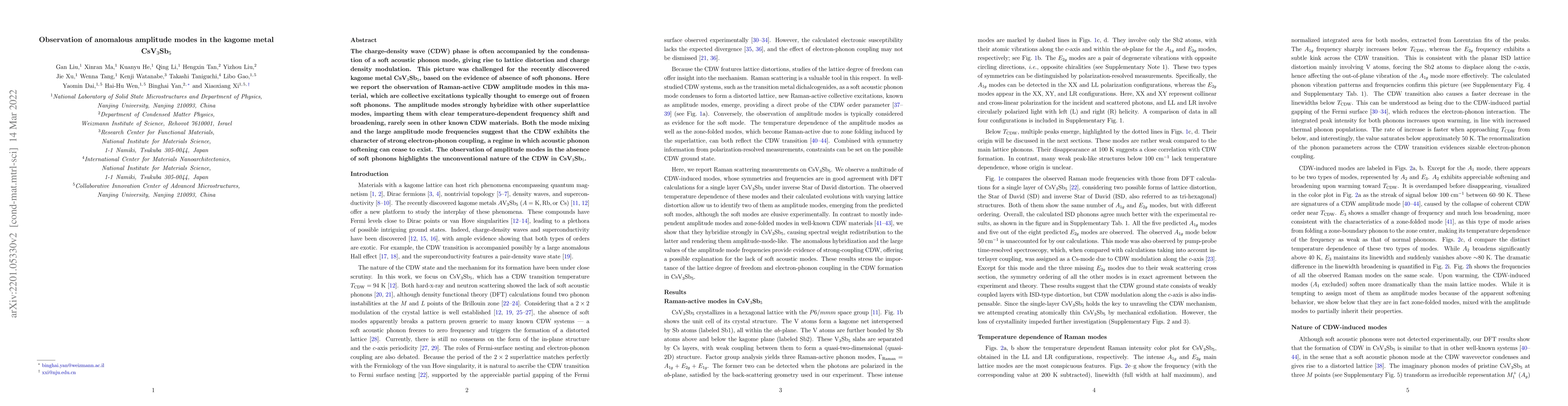 Thumbnail for Observation of anomalous amplitude modes in the kagome metal
  CsV$_3$Sb$_5$