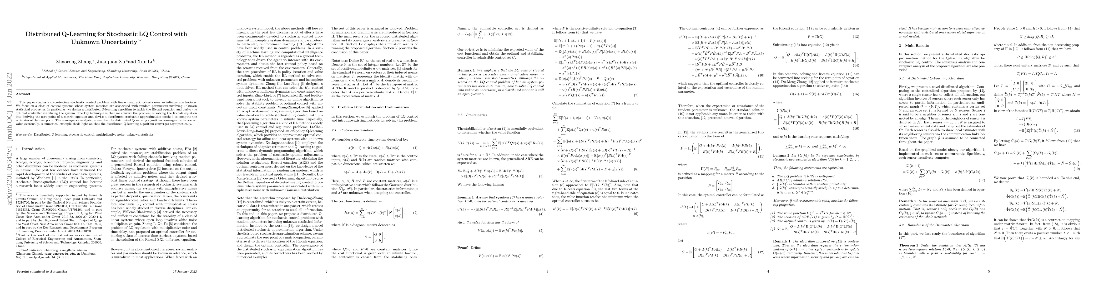 Thumbnail for Distributed Q-Learning for Stochastic LQ Control with Unknown
  Uncertainty