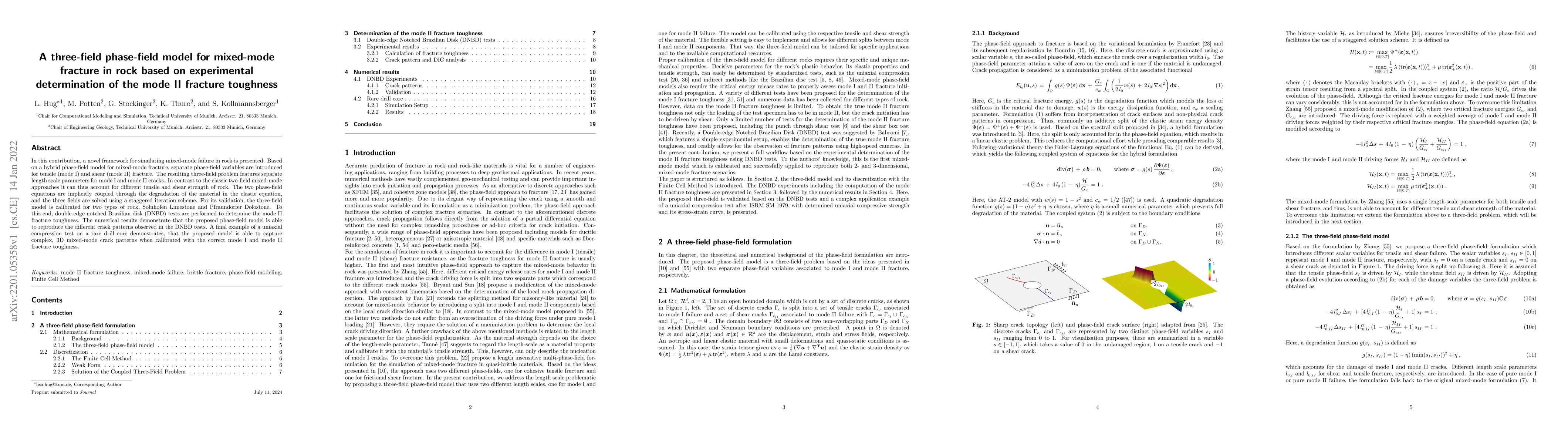 Thumbnail for A three-field phase-field model for mixed-mode fracture in rock based on
  experimental determination of the mode II fracture toughness