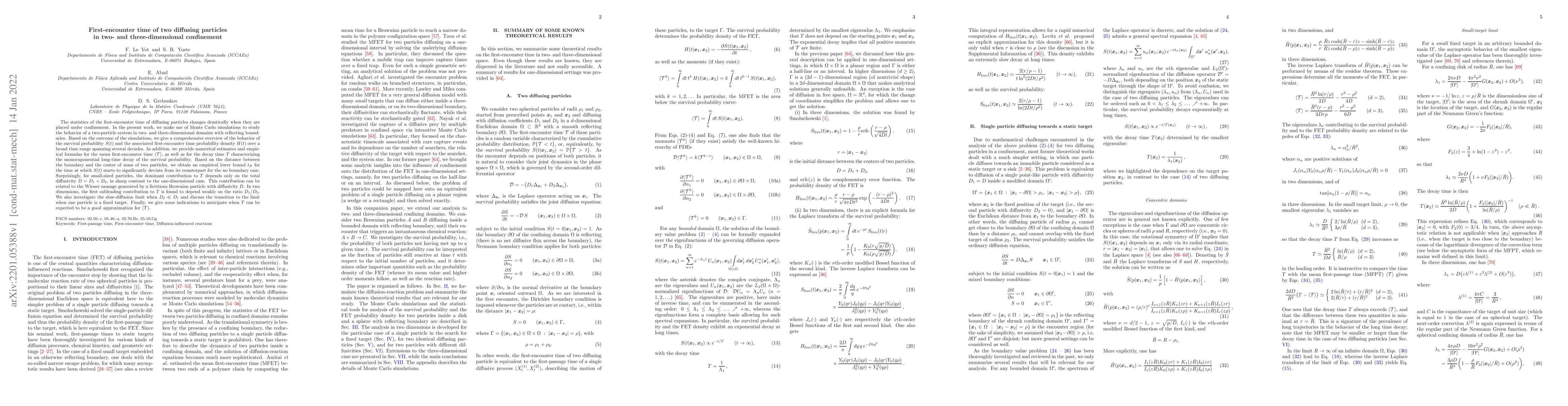 Thumbnail for First-encounter time of two diffusing particles in two- and
  three-dimensional confinement