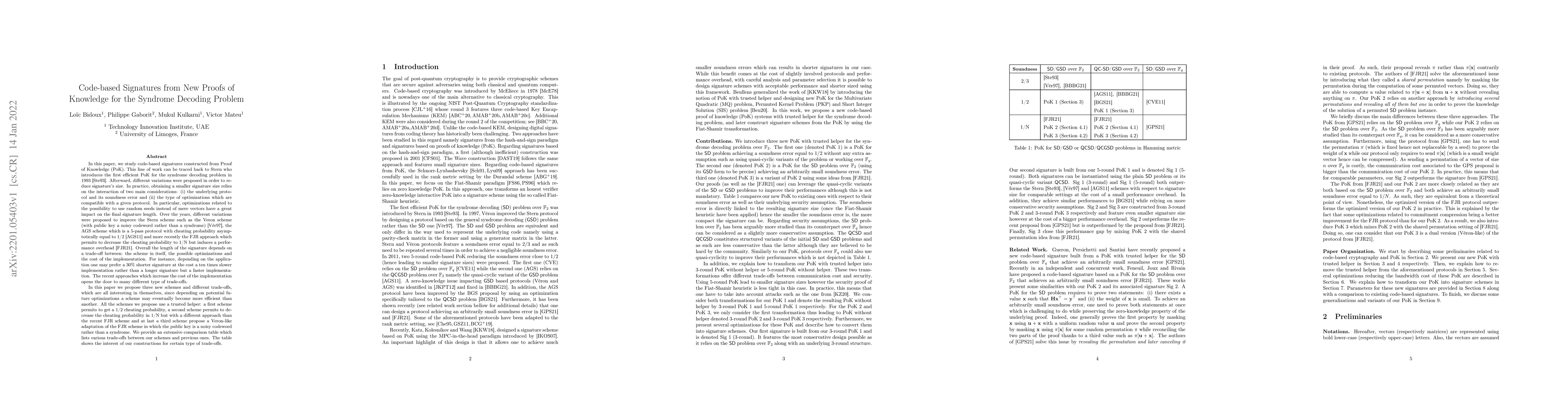 Thumbnail for Code-based Signatures from New Proofs of Knowledge for the Syndrome
  Decoding Problem