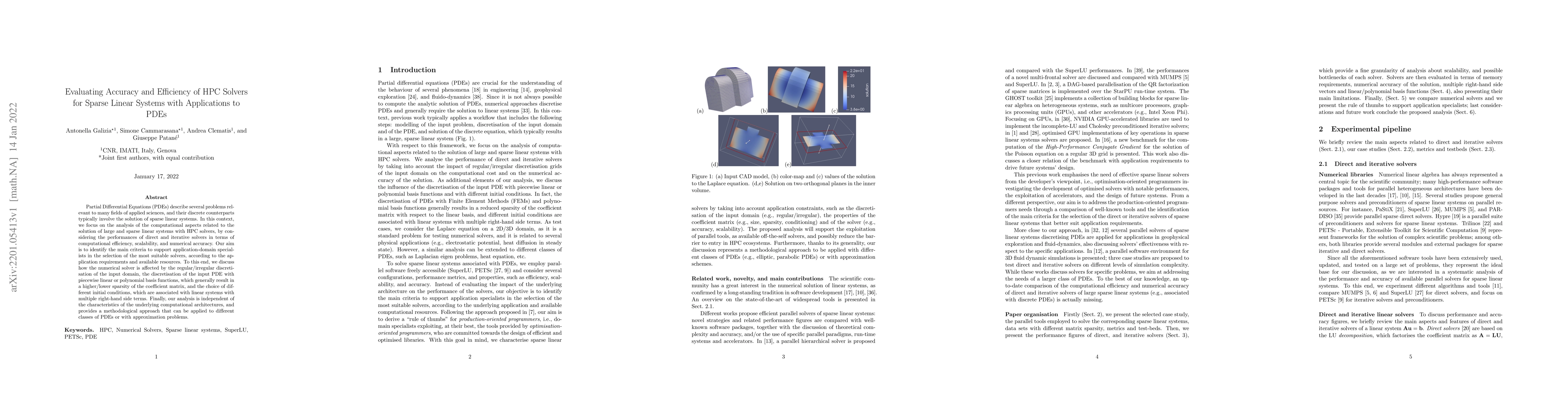 Thumbnail for Evaluating Accuracy and Efficiency of HPC Solvers for Sparse Linear
  Systems with Applications to PDEs