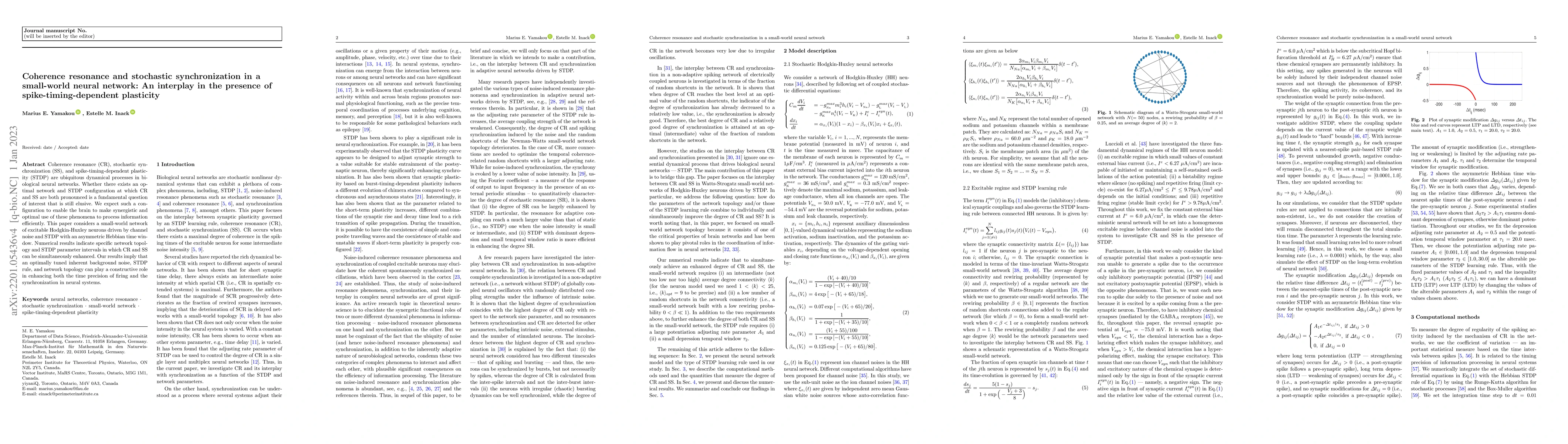 Thumbnail for Coherence resonance and stochastic synchronization in a small-world
  neural network: An interplay in the presence of spike-timing-dependent
  plasticity