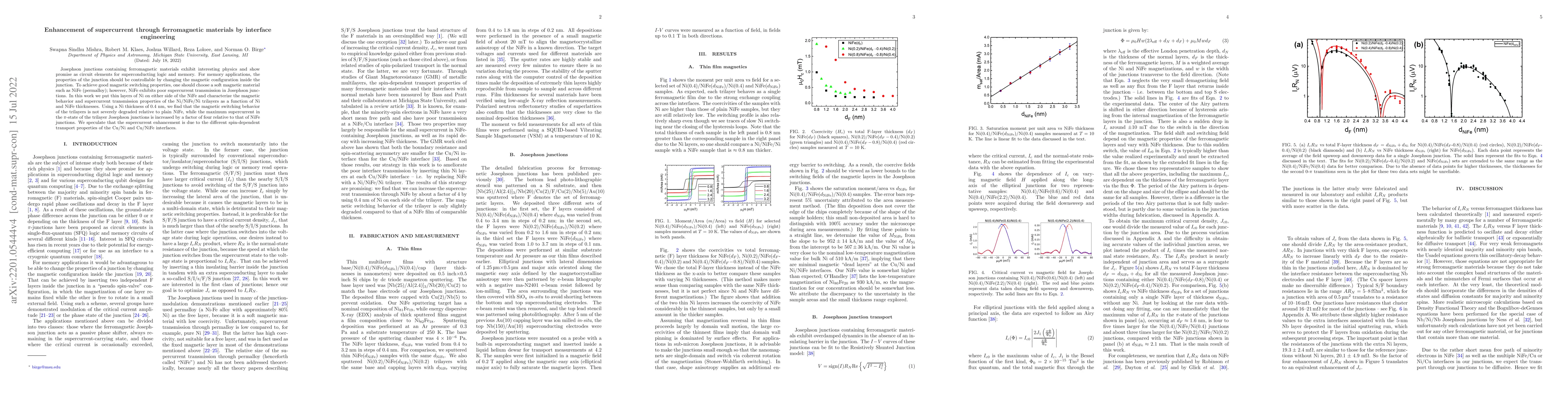 Thumbnail for Enhancement of supercurrent through ferromagnetic materials by interface
  engineering