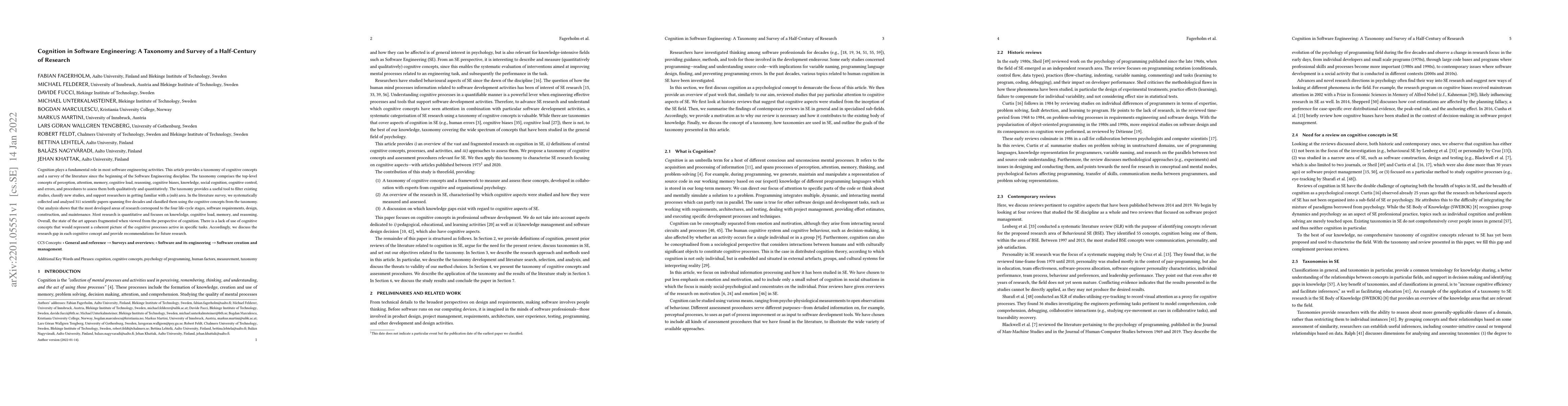 Thumbnail for Cognition in Software Engineering: A Taxonomy and Survey of a
  Half-Century of Research