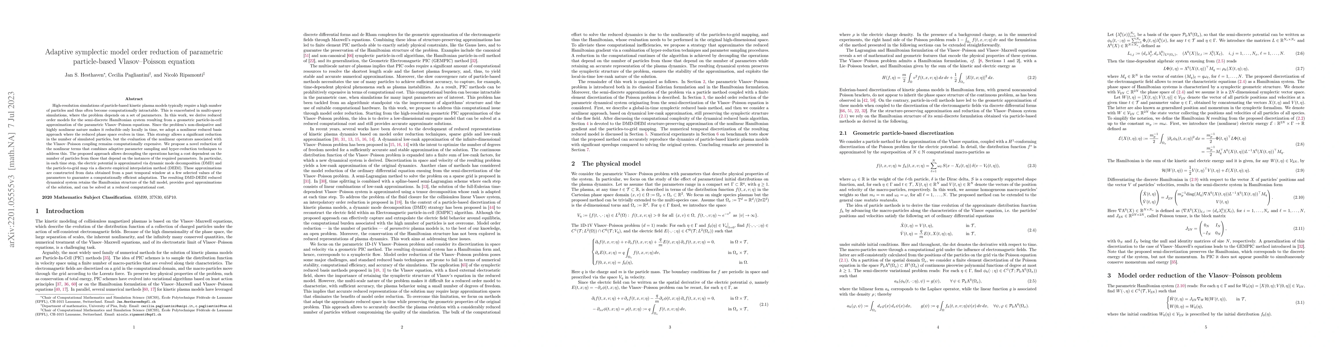 Thumbnail for Adaptive symplectic model order reduction of parametric particle-based
  Vlasov-Poisson equation