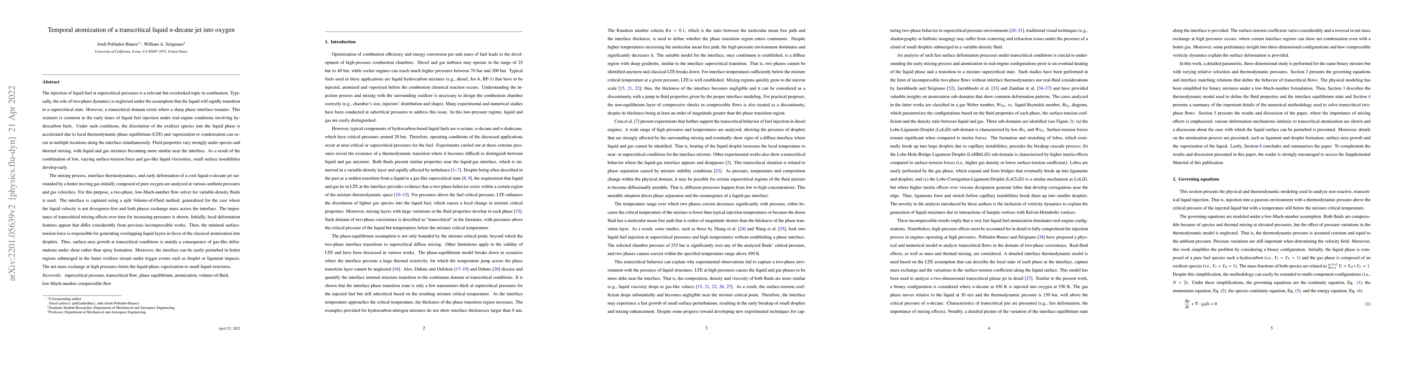 Thumbnail for Temporal atomization of a transcritical liquid n-decane jet into oxygen