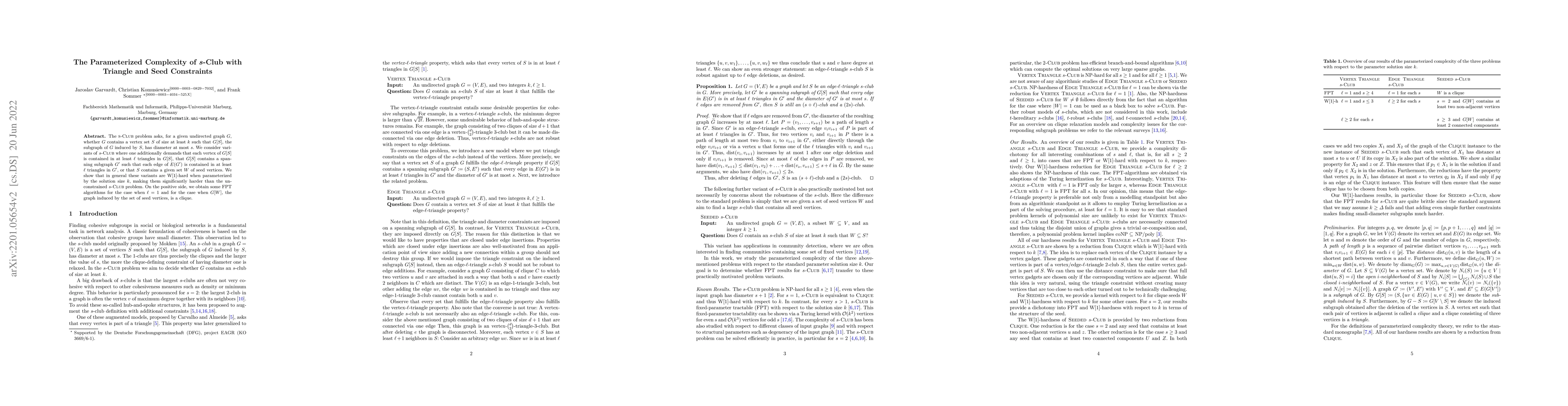 Thumbnail for The Parameterized Complexity of s-Club with Triangle and Seed
  Constraints