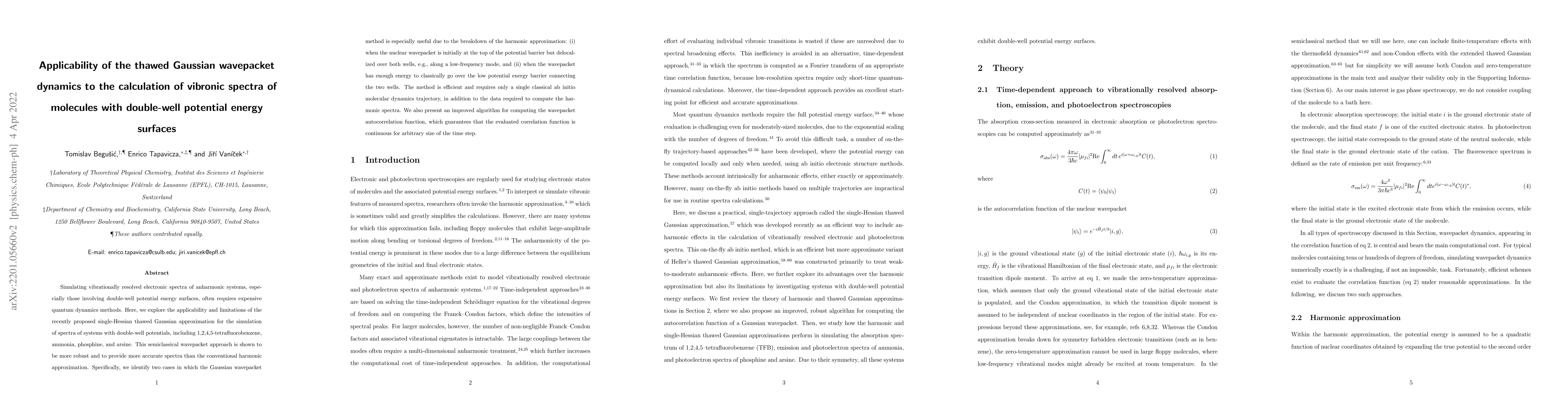 Thumbnail for Applicability of the thawed Gaussian wavepacket dynamics to the
  calculation of vibronic spectra of molecules with double-well potential
  energy surfaces