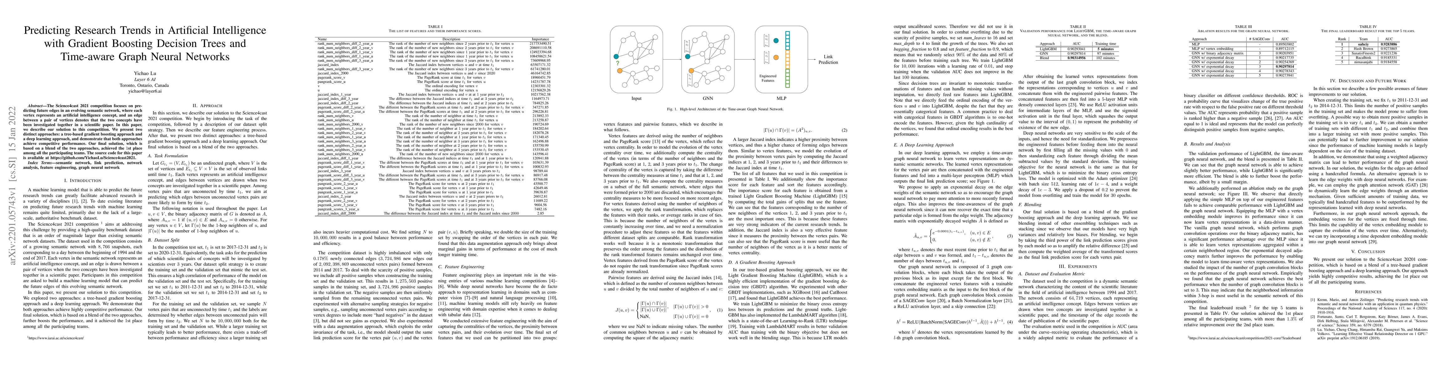 Thumbnail for Predicting Research Trends in Artificial Intelligence with Gradient
  Boosting Decision Trees and Time-aware Graph Neural Networks