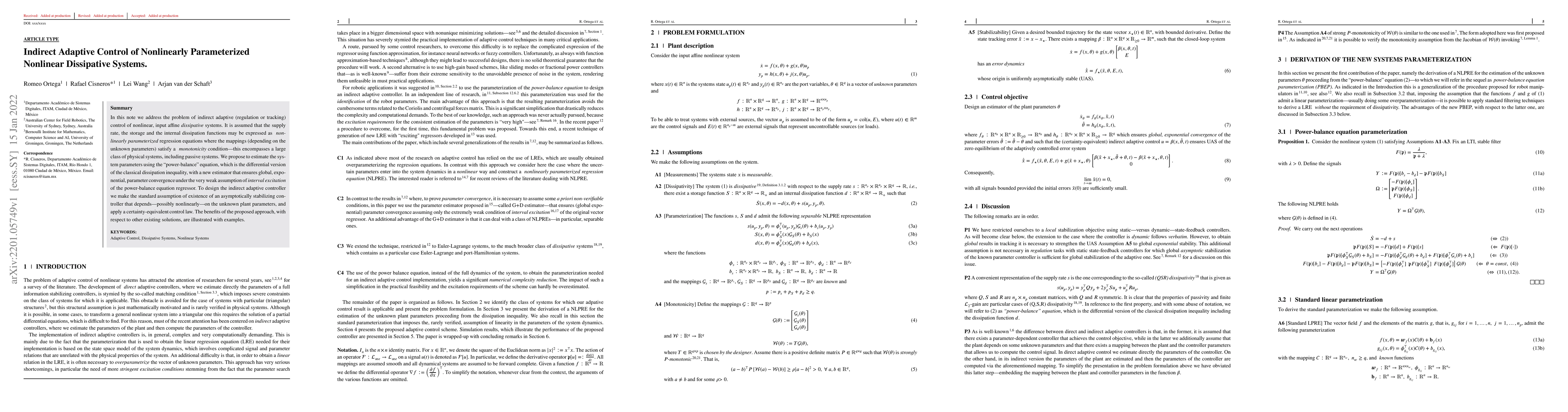Thumbnail for Indirect Adaptive Control of Nonlinearly Parameterized Nonlinear
  Dissipative Systems