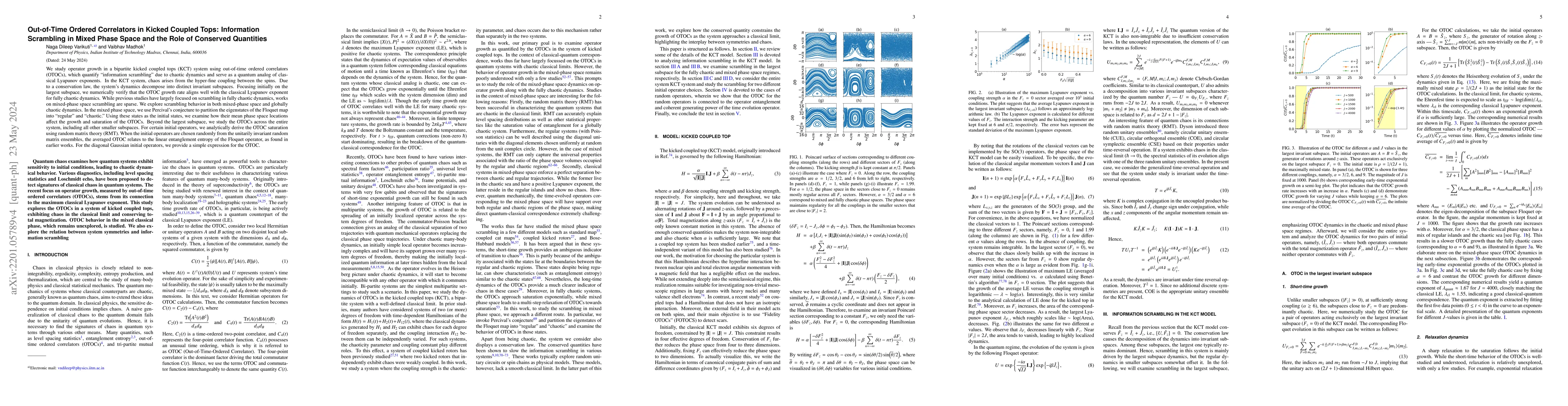 Thumbnail for Out-of-Time Ordered Correlators in Kicked Coupled Tops: Information
  Scrambling in Mixed Phase Space and the Role of Conserved Quantities