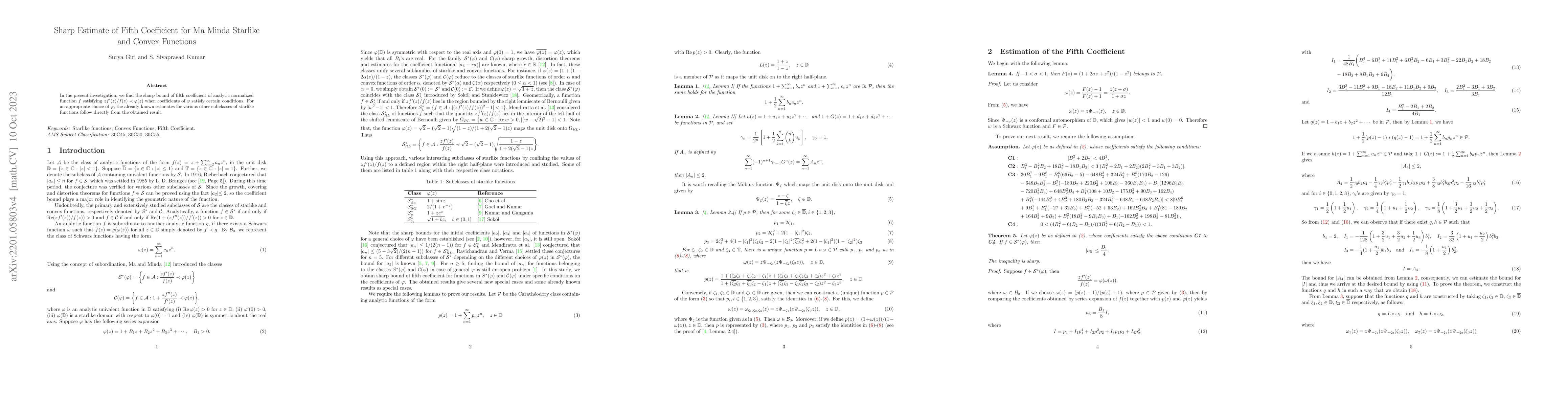 Thumbnail for Sharp Estimate of Fifth Coefficient for Ma Minda Starlike and Convex
  Functions