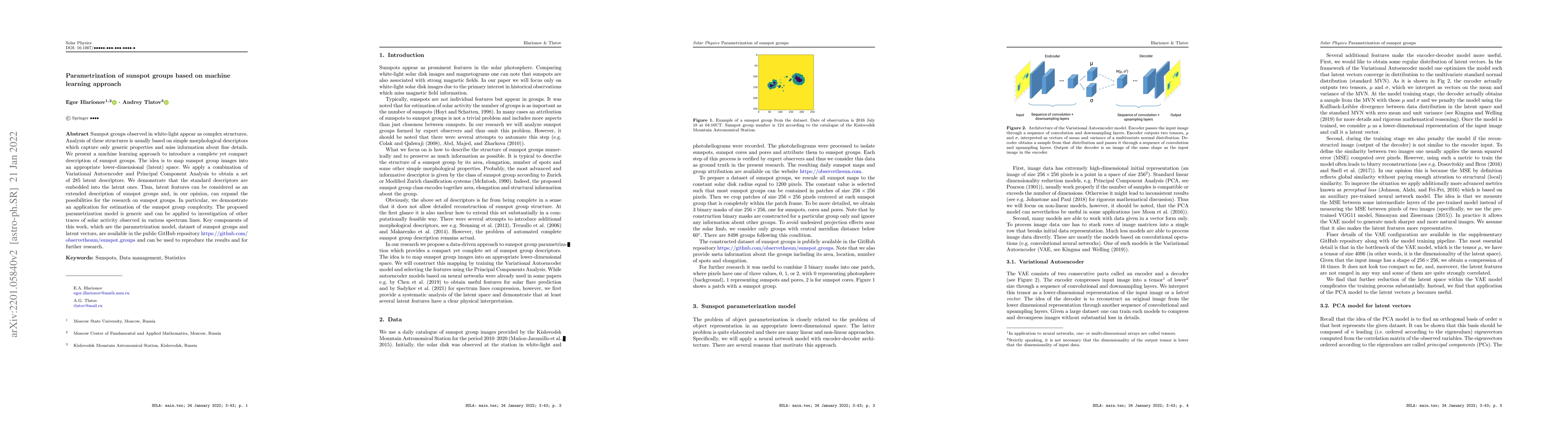Thumbnail for Parametrization of sunspot groups based on machine learning approach