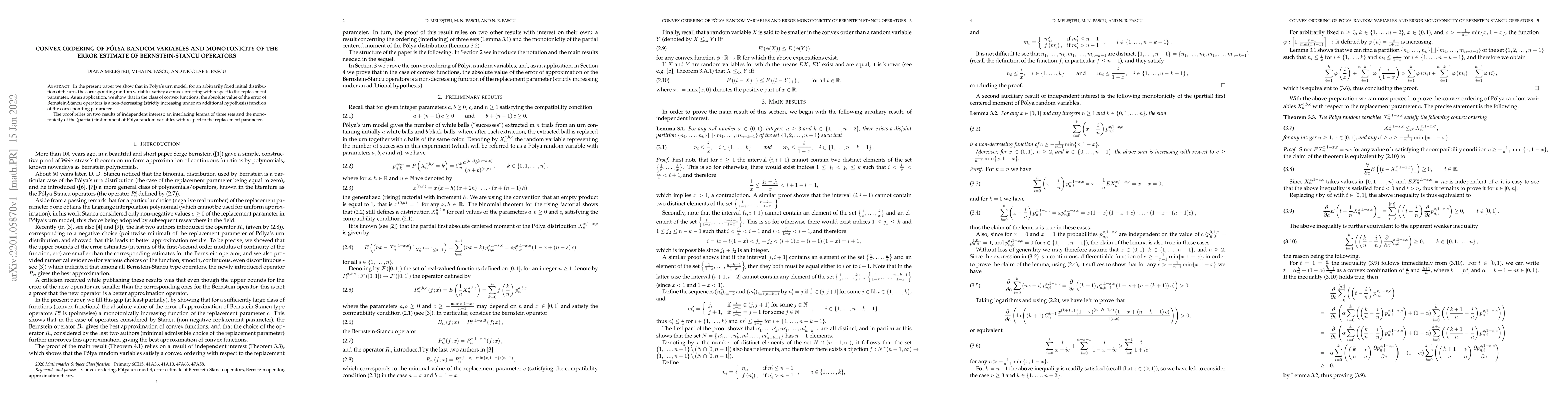 Thumbnail for Convex ordering of P\'{o}lya random variables and monotonicity of the
  error estimate of Bernstein-Stancu operators