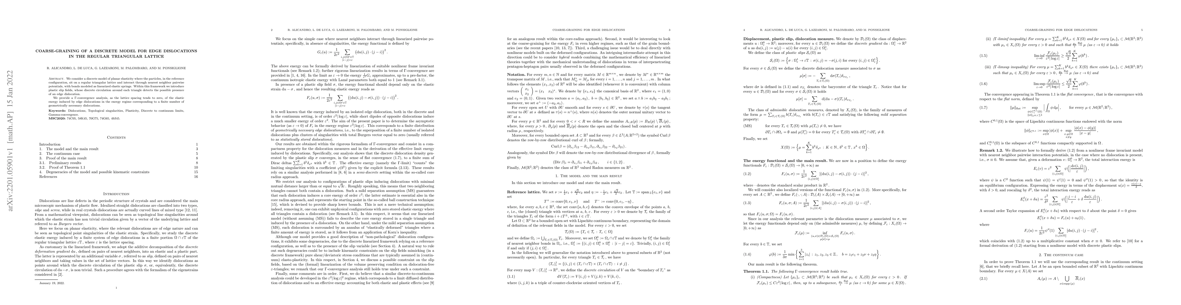 Thumbnail for Coarse-graining of a discrete model for edge dislocations in the regular
  triangular lattice