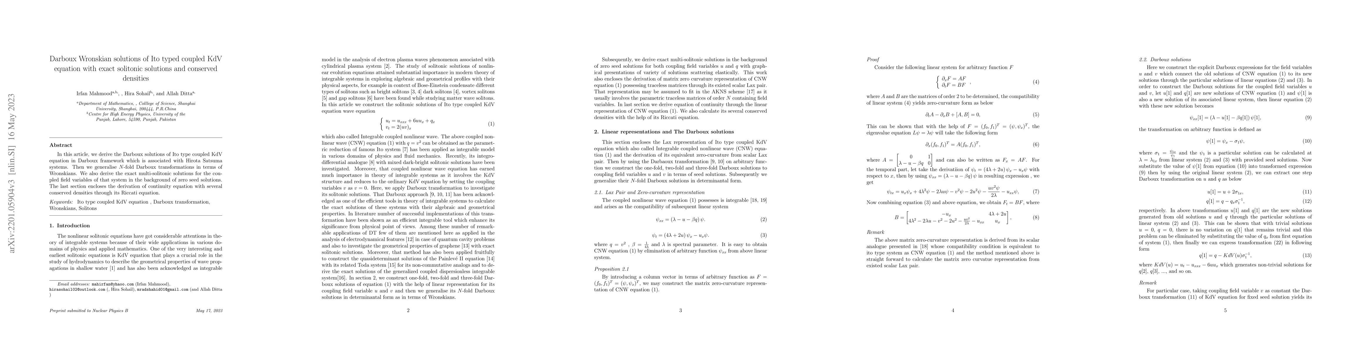 Thumbnail for Darboux Wronskian solutions of Ito typed coupled KdV equation with exact
  solitonic solutions and conserved densities