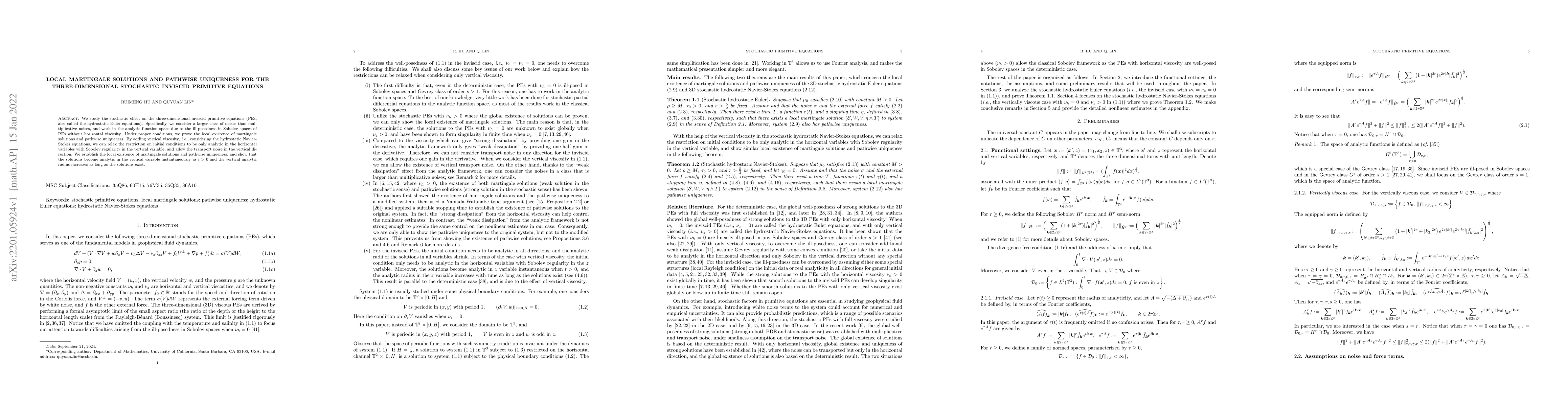 Thumbnail for Local Martingale Solutions and Pathwise Uniqueness for the
  Three-dimensional Stochastic Inviscid Primitive Equations