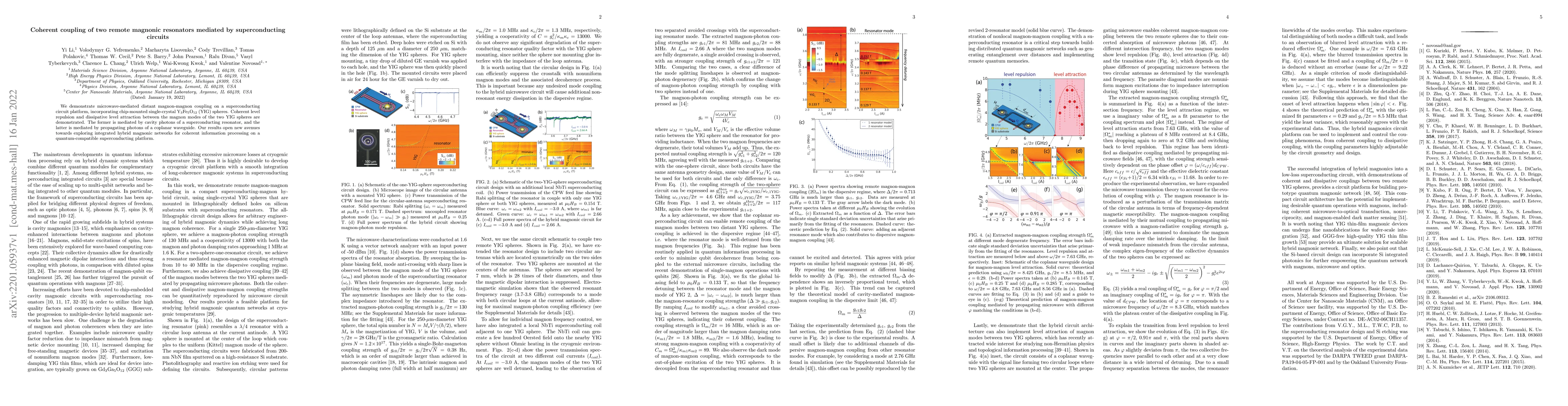 Thumbnail for Coherent coupling of two remote magnonic resonators mediated by
  superconducting circuits