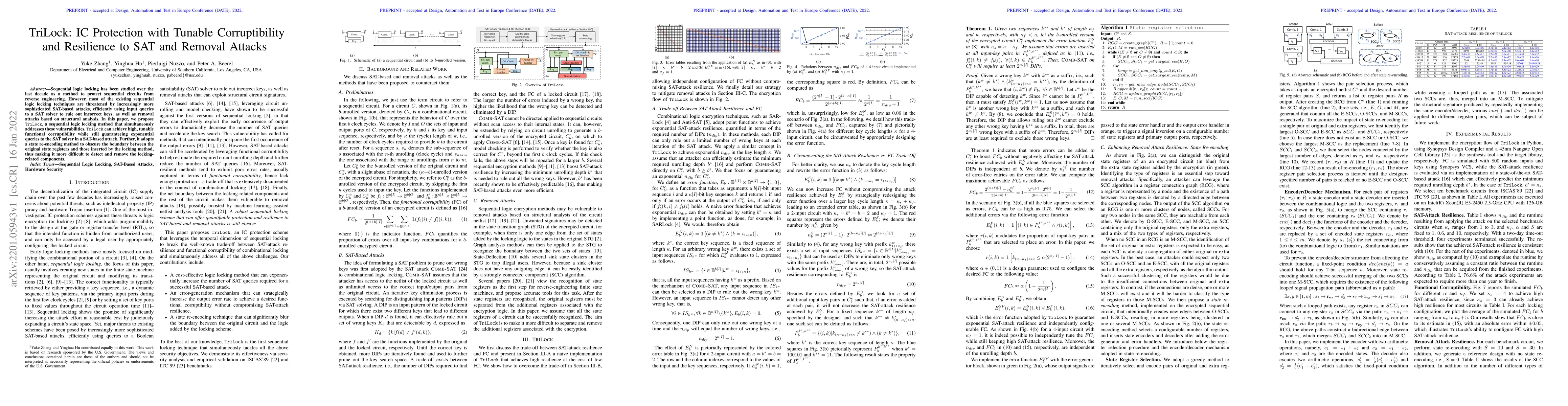 Thumbnail for TriLock: IC Protection with Tunable Corruptibility and Resilience to SAT
  and Removal Attacks