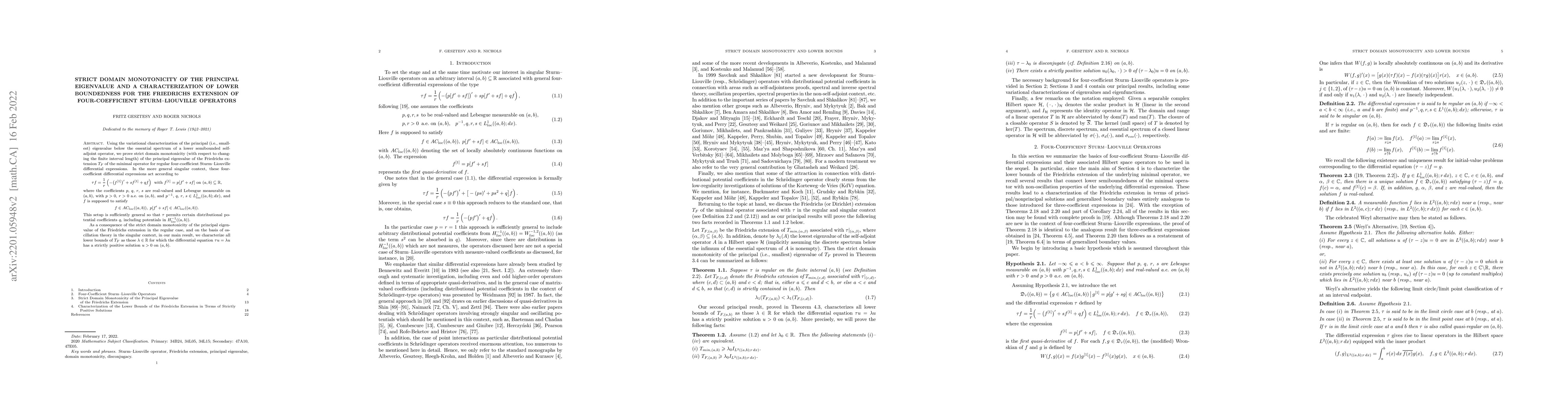 Thumbnail for Strict domain monotonicity of the principal eigenvalue and a
  characterization of lower boundedness for the Friedrichs extension of
  four-coefficient Sturm-Liouville operators