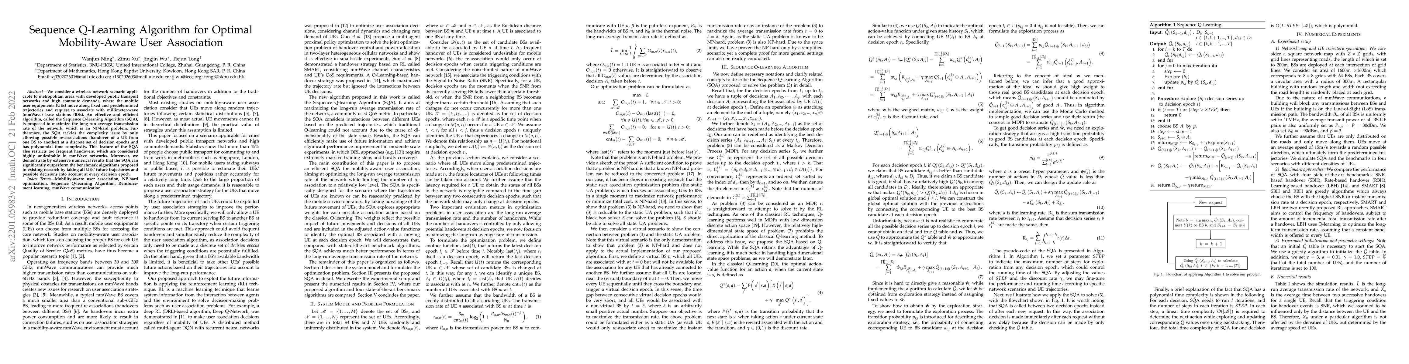 Thumbnail for Sequence Q-Learning Algorithm for Optimal Mobility-Aware User
  Association
