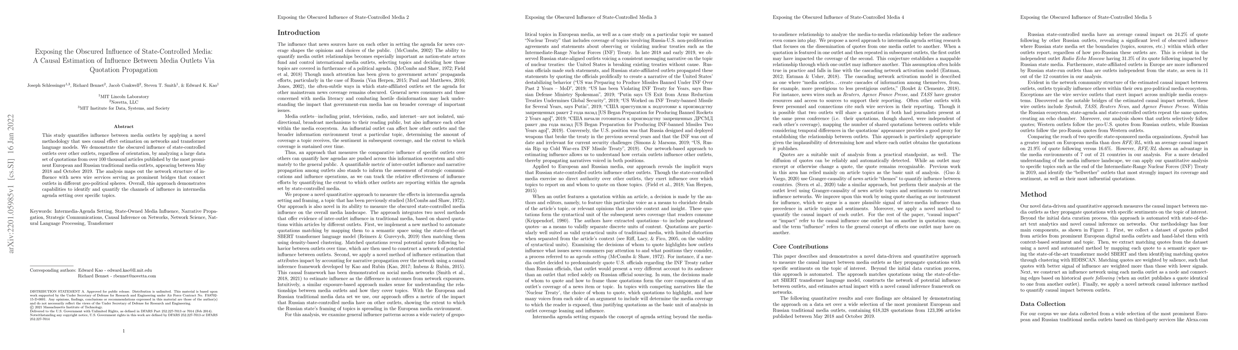 Thumbnail for Exposing the Obscured Influence of State-Controlled Media: A Causal
  Estimation of Influence Between Media Outlets Via Quotation Propagation