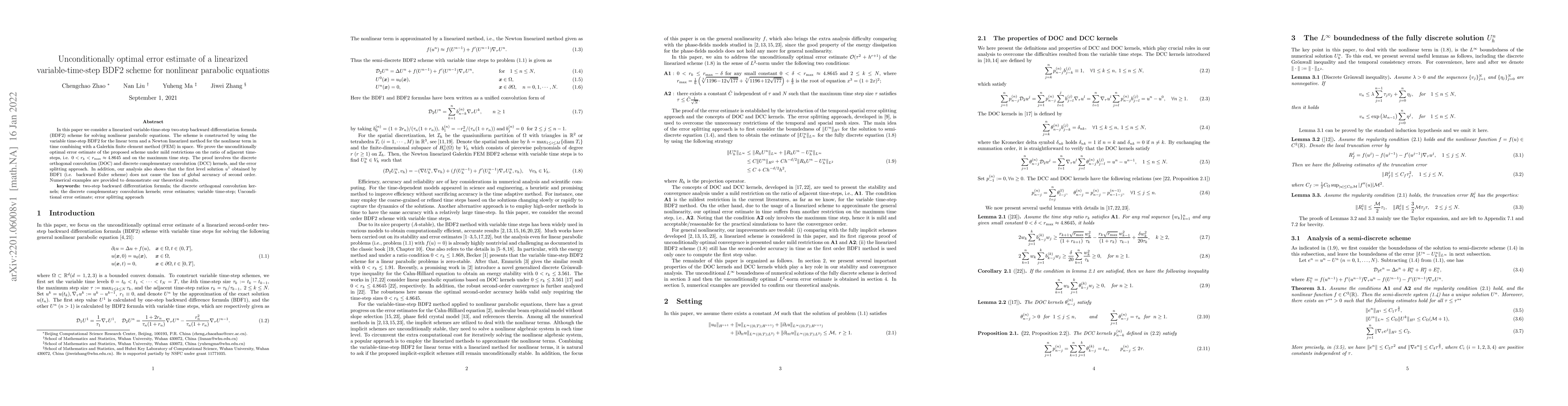 Thumbnail for Unconditionally optimal error estimate of a linearized
  variable-time-step BDF2 scheme for nonlinear parabolic equations