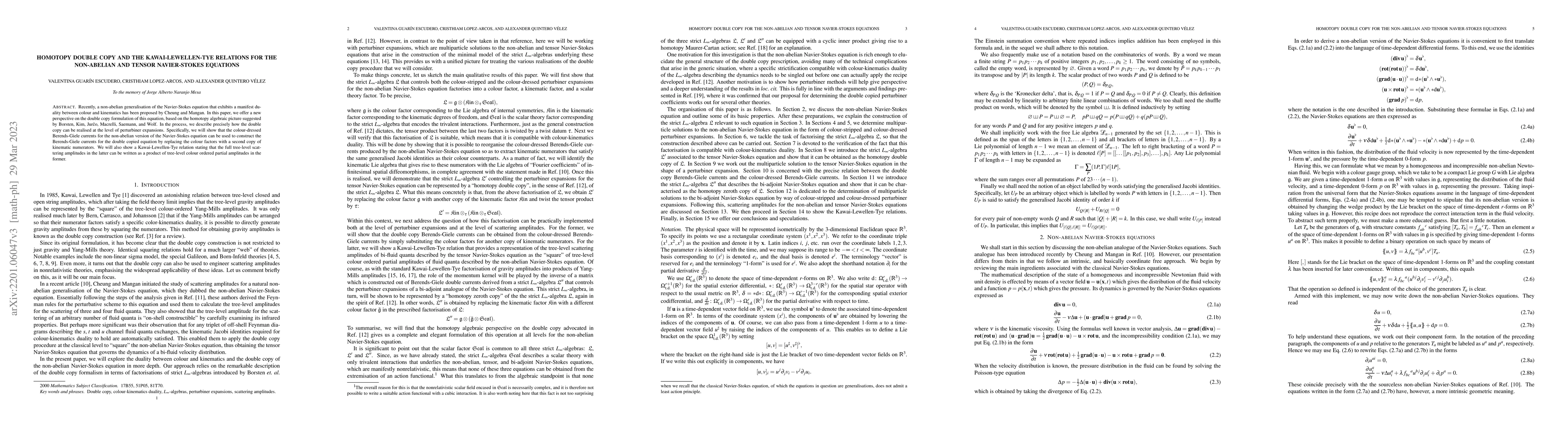 Thumbnail for Homotopy double copy and the Kawai-Lewellen-Tye relations for the
  non-abelian and tensor Navier-Stokes equations