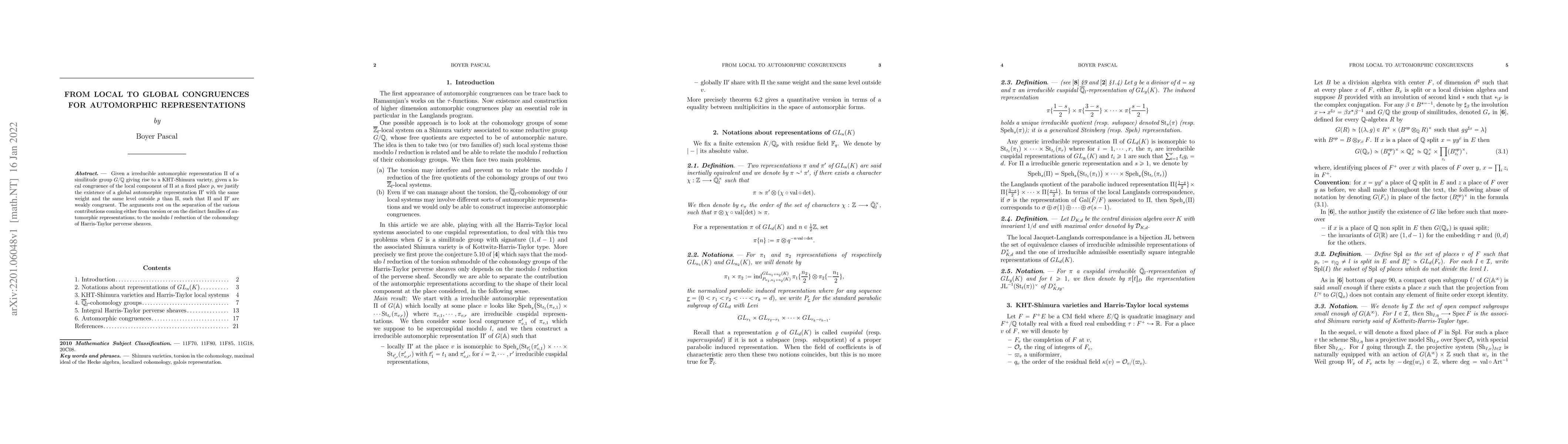 Thumbnail for From local to global congruences for automorphic representations