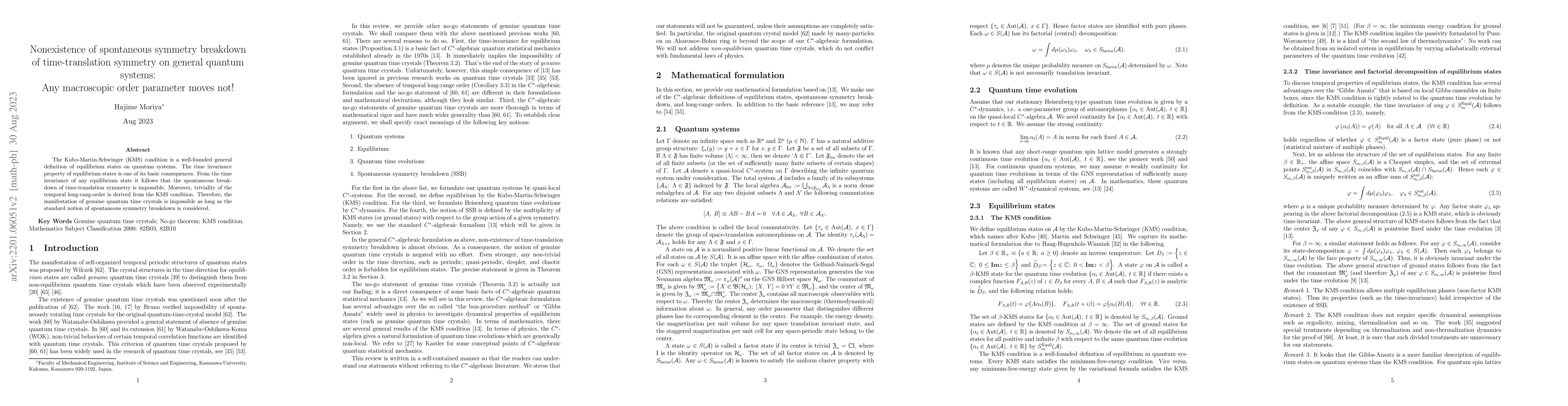 Thumbnail for Nonexistence of spontaneous symmetry breakdown of time-translation
  symmetry on general quantum systems: Any macroscopic order parameter moves
  not!