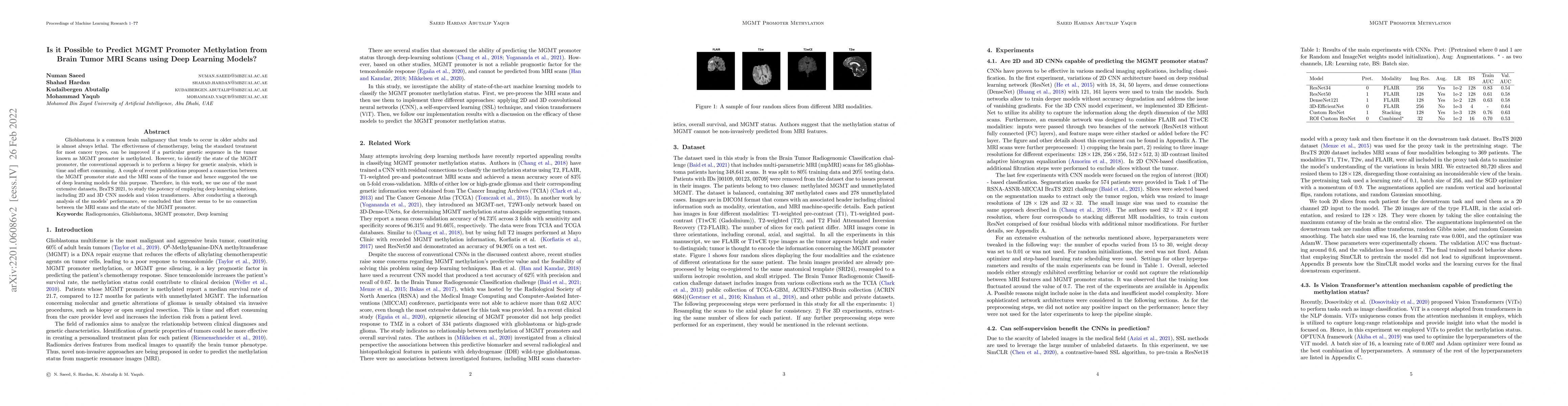 Thumbnail for Is it Possible to Predict MGMT Promoter Methylation from Brain Tumor MRI
  Scans using Deep Learning Models?