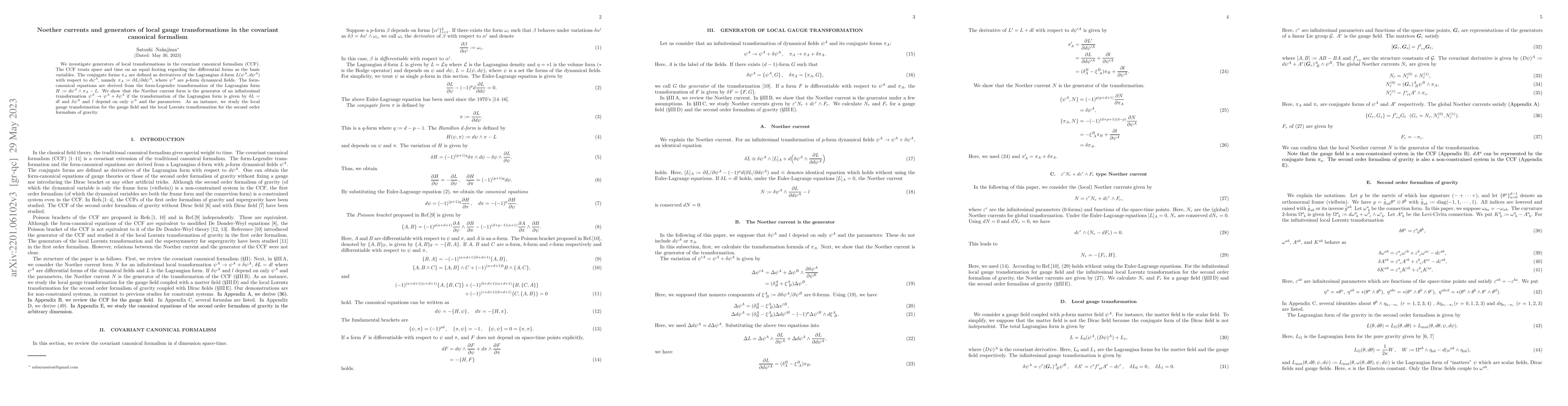 Thumbnail for Noether currents and generators of local gauge transformations in the
  covariant canonical formalism