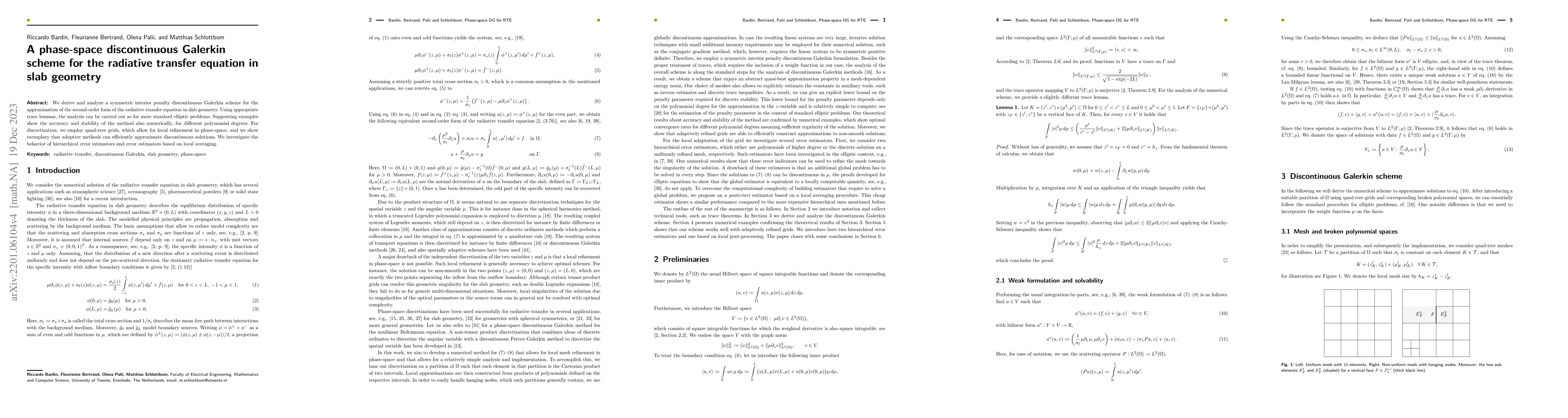 Thumbnail for A phase-space discontinuous Galerkin approximation for the radiative
  transfer equation in slab geometry