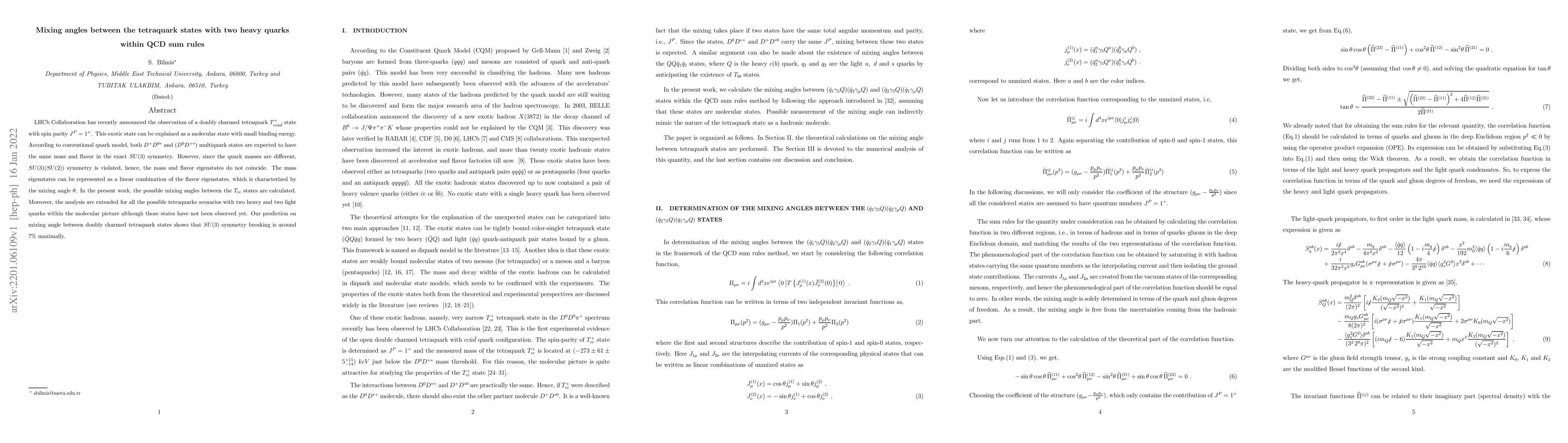 Thumbnail for Mixing angles between the tetraquark states with two heavy quarks within
  QCD sum rules