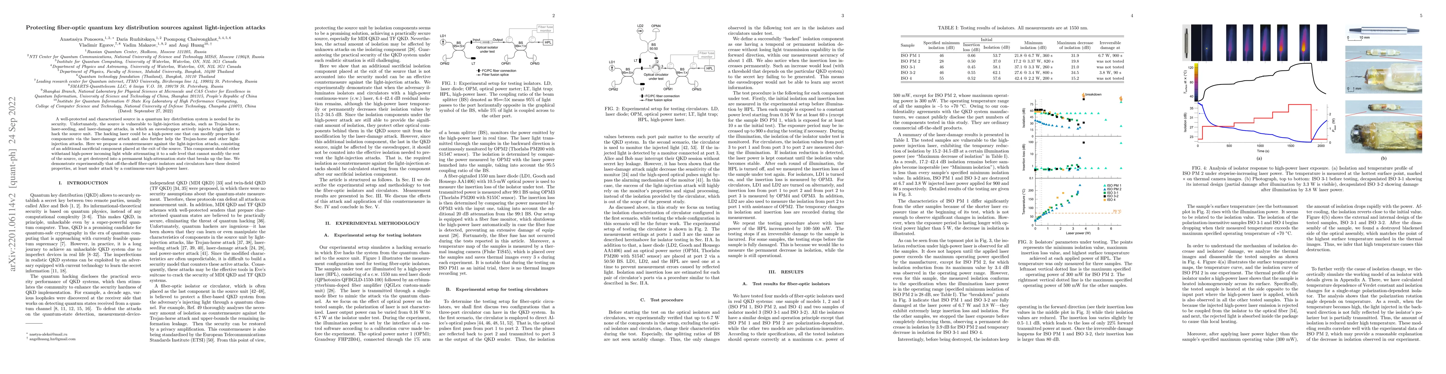 Thumbnail for Protecting fiber-optic quantum key distribution sources against
  light-injection attacks