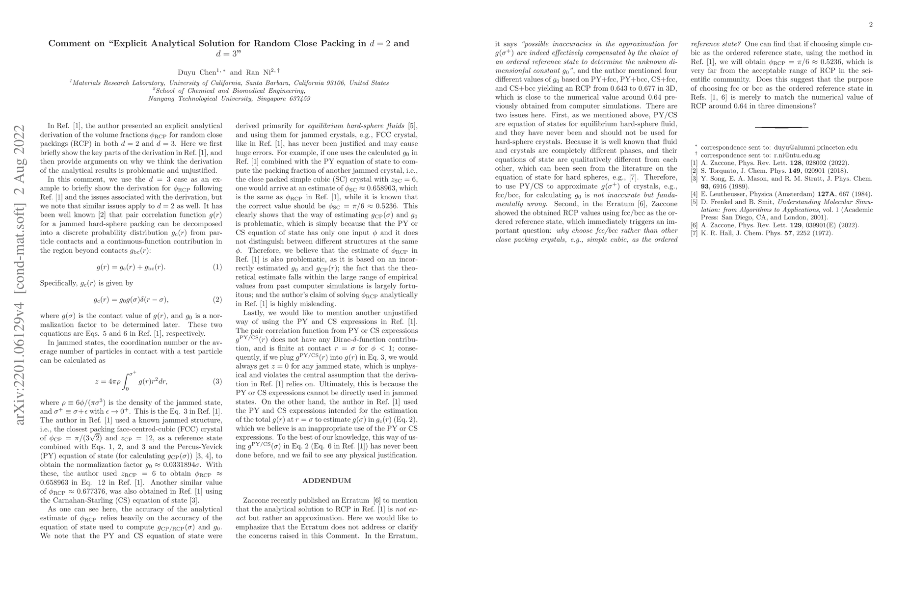Thumbnail for Comment on "Explicit Analytical Solution for Random Close Packing in
  $d=2$ and $d=3$"
