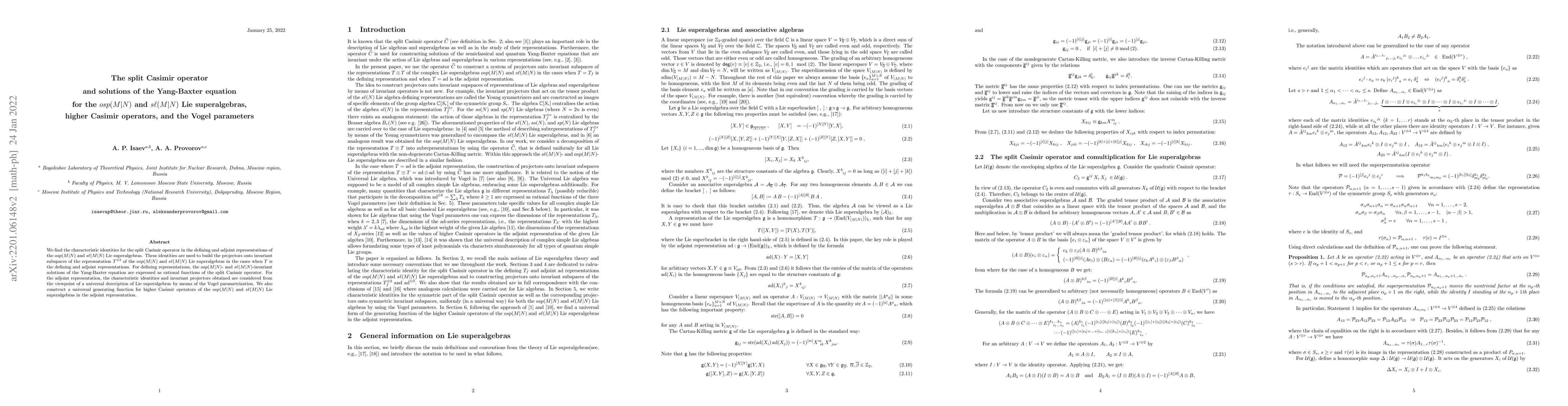 Thumbnail for The split Casimir operator and solutions of the Yang-Baxter equation for
  the $osp(M|N)$ and $s\ell(M|N)$ Lie superalgebras, higher Casimir operators,
  and the Vogel parameters